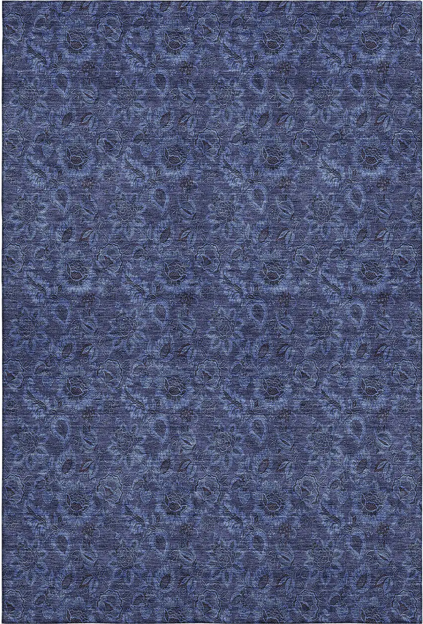 Navy Blue And Charcoal Floral Washable Area Rug With UV Protection Photo 2