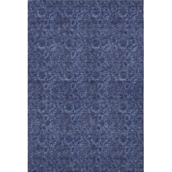 Navy Blue And Charcoal Floral Washable Area Rug With UV Protection Photo 4