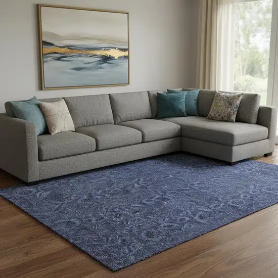 Navy Blue And Charcoal Floral Washable Area Rug With UV Protection Photo 1