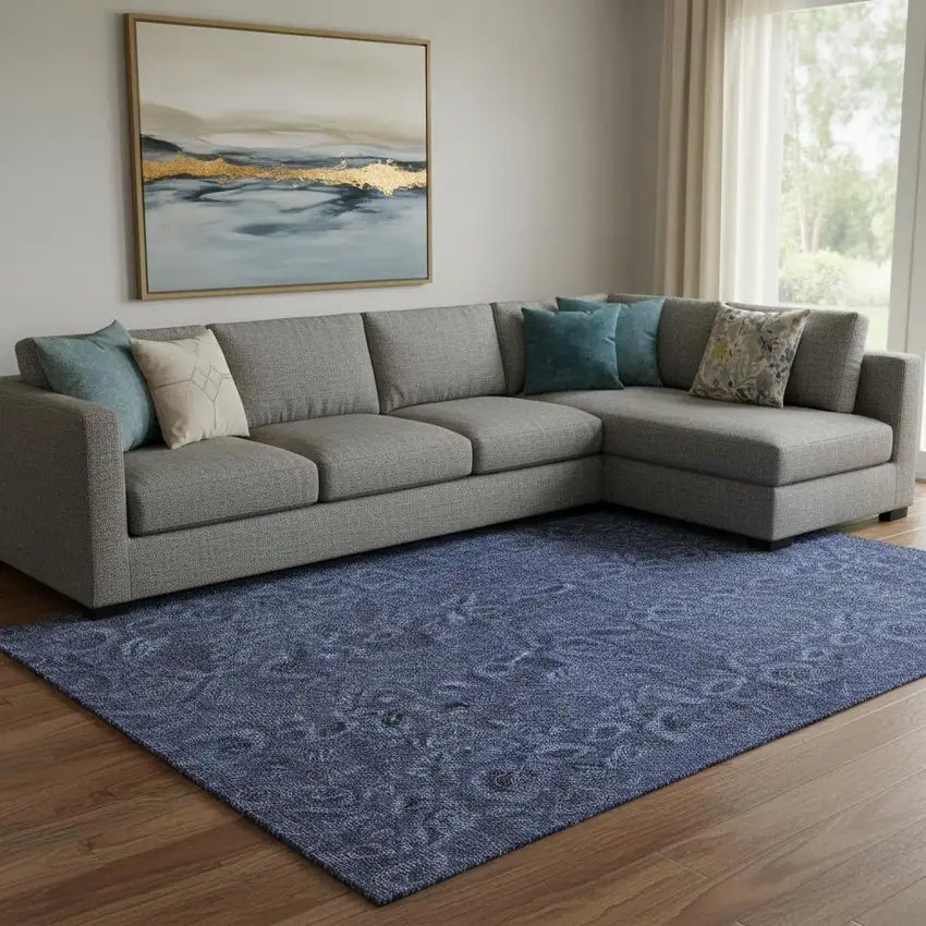 Navy Blue And Charcoal Floral Washable Area Rug With UV Protection Photo 1