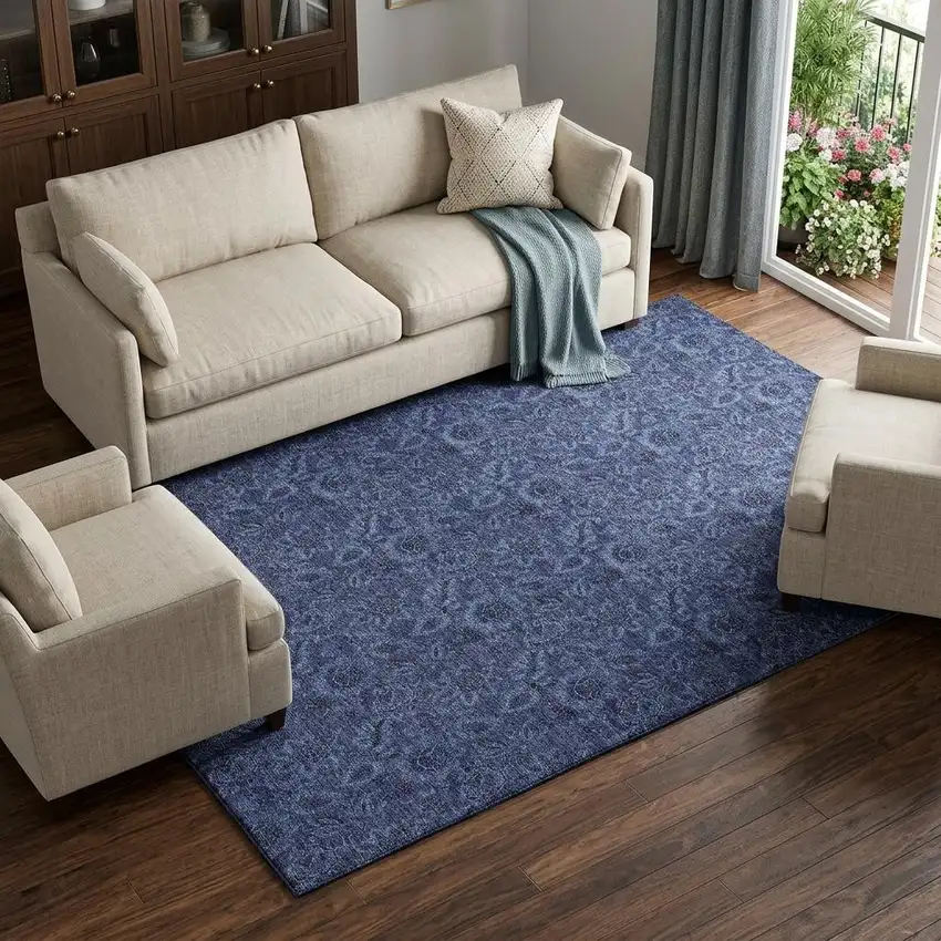 Navy Blue And Charcoal Floral Washable Area Rug With UV Protection Photo 1