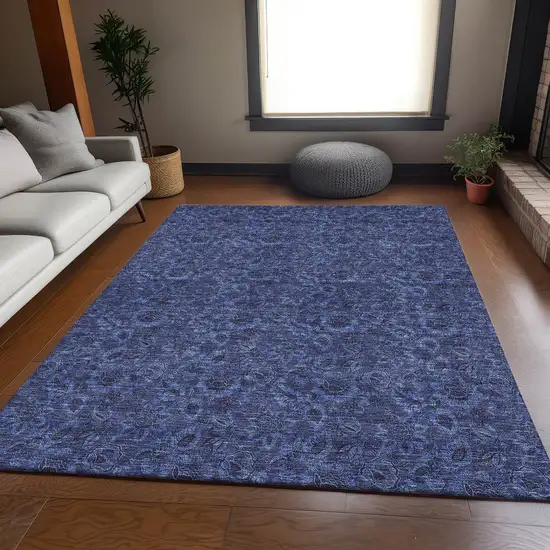 Navy Blue And Charcoal Floral Washable Area Rug With UV Protection Photo 5