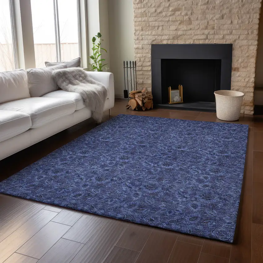Navy Blue And Charcoal Floral Washable Area Rug With UV Protection Photo 4