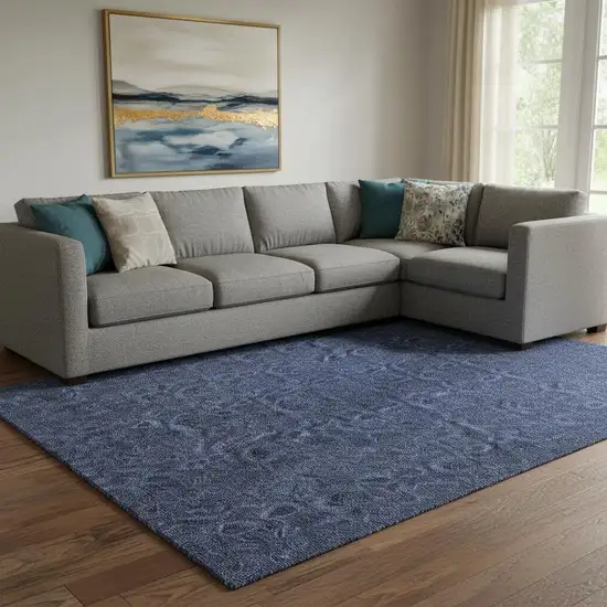 Navy Blue And Charcoal Floral Washable Area Rug With UV Protection Photo 1