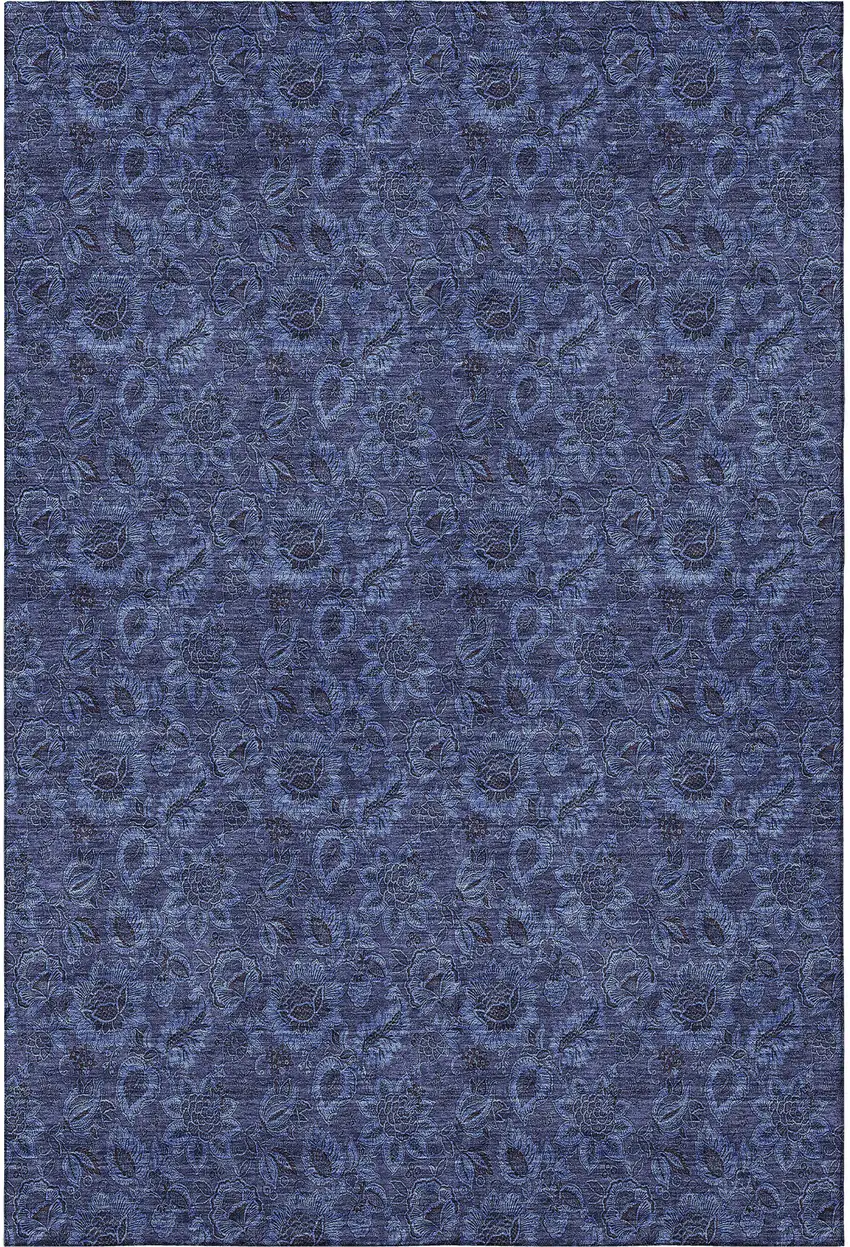 Navy Blue And Charcoal Floral Washable Area Rug With UV Protection Photo 4