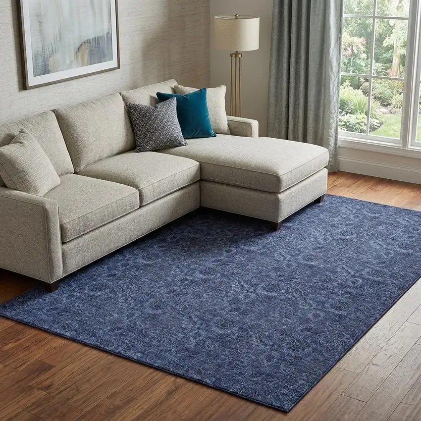 Navy Blue And Charcoal Floral Washable Area Rug With UV Protection Photo 1