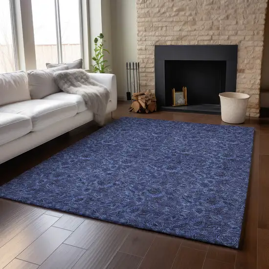 Navy Blue And Charcoal Floral Washable Area Rug With UV Protection Photo 6