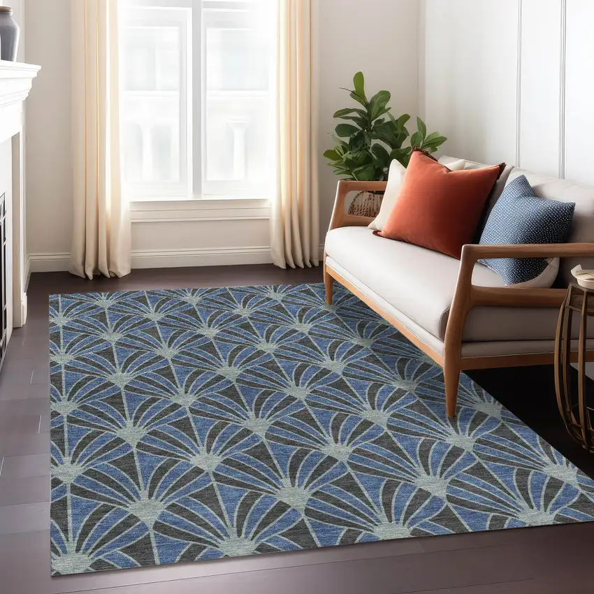 Navy Blue And Charcoal Seashell Washable Indoor Outdoor Area Rug Photo 4