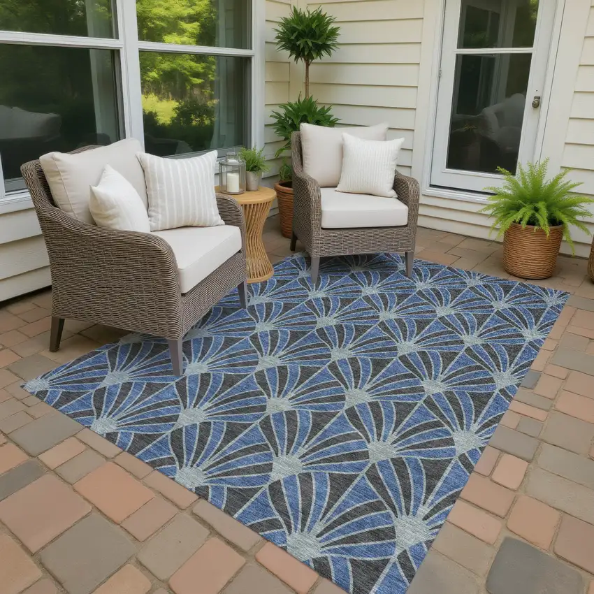 Navy Blue And Charcoal Seashell Washable Indoor Outdoor Area Rug Photo 2