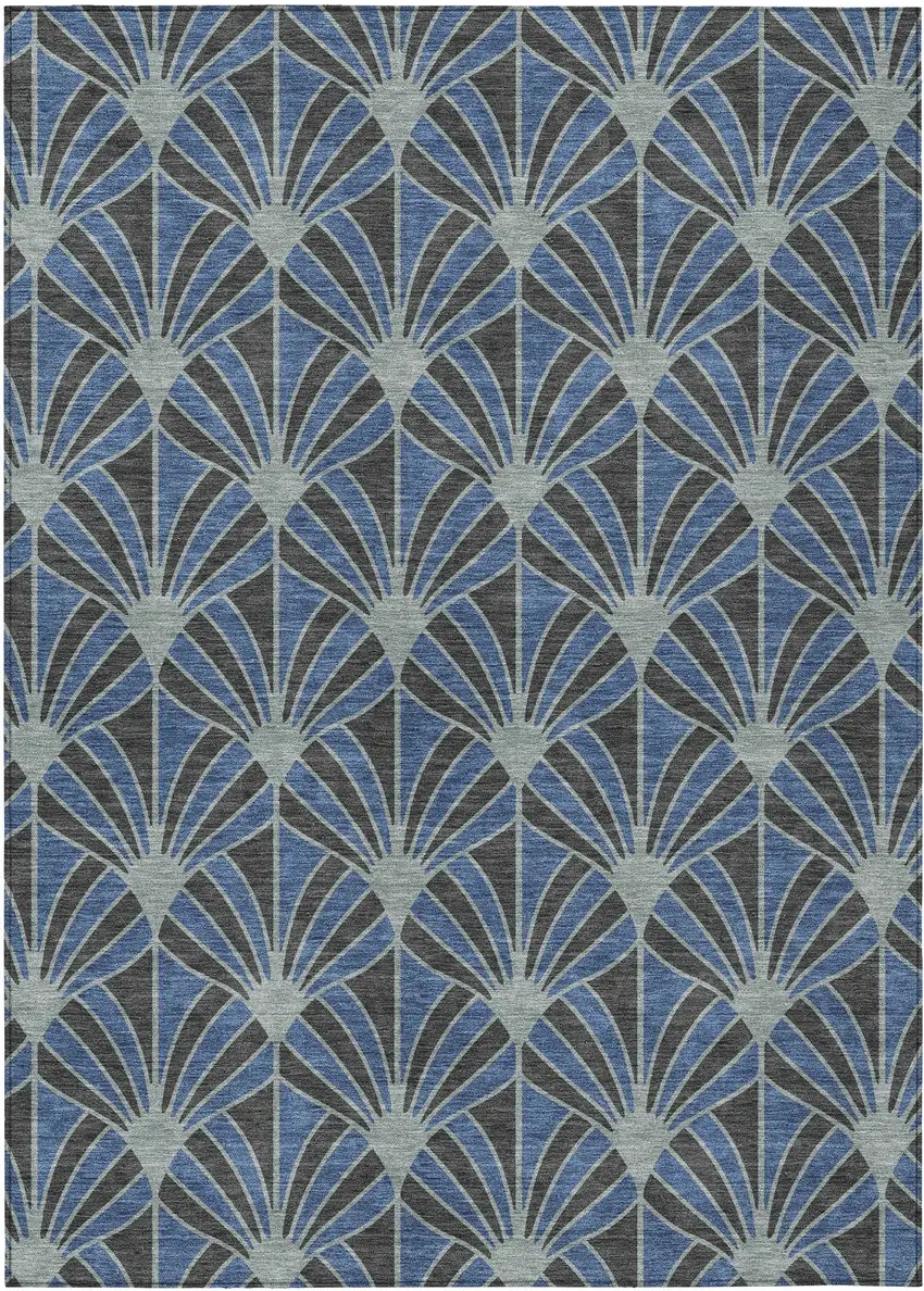 Navy Blue And Charcoal Seashell Washable Indoor Outdoor Area Rug Photo 7