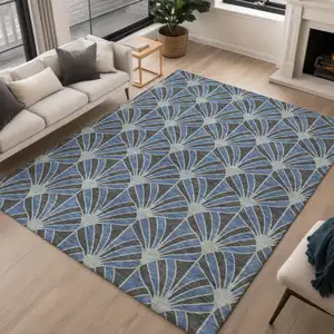 Photo of Navy Blue And Charcoal Seashell Washable Indoor Outdoor Area Rug