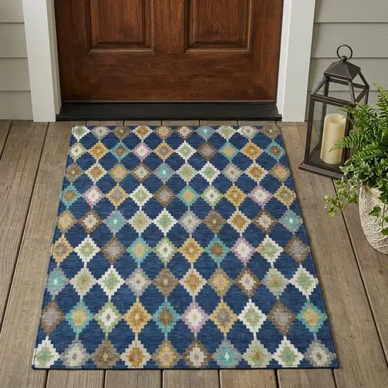 Navy Blue And Chocolate Aztec Washable Indoor Outdoor Area Rug Photo 1
