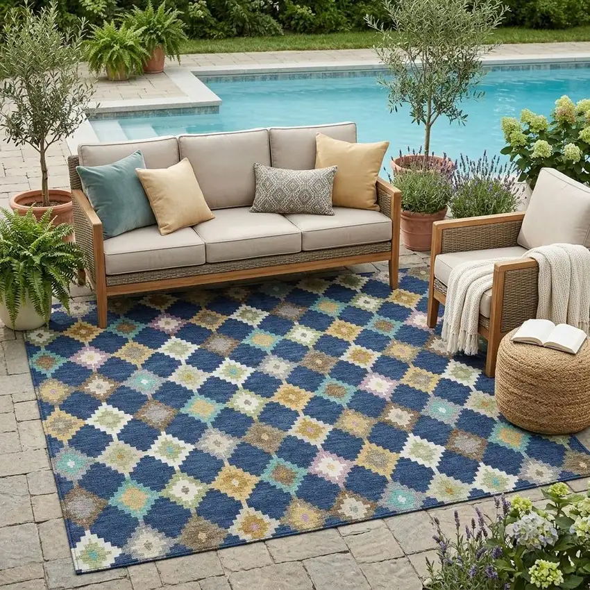 Navy Blue And Chocolate Aztec Washable Indoor Outdoor Area Rug Photo 1