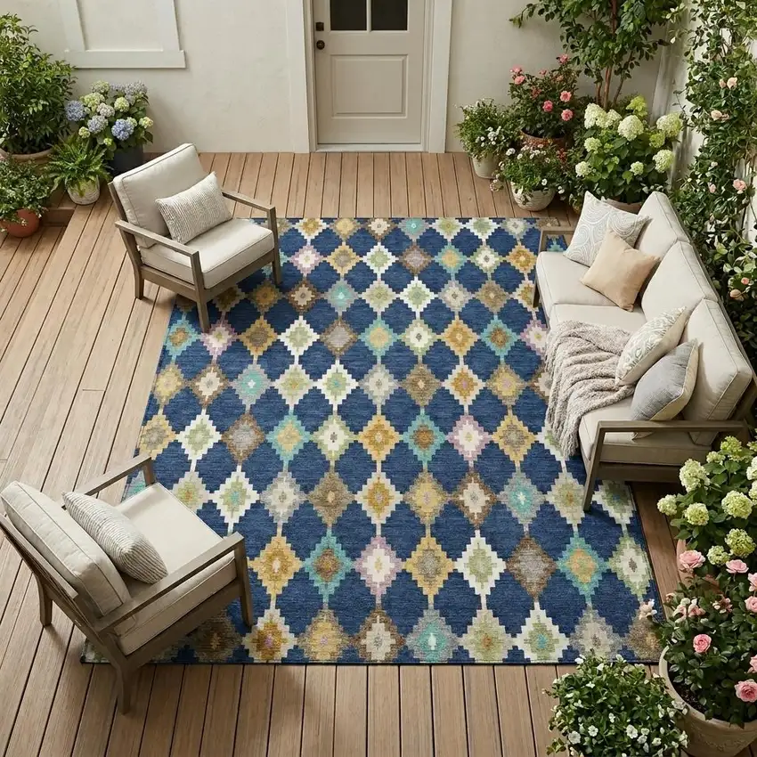 Navy Blue And Chocolate Aztec Washable Indoor Outdoor Area Rug Photo 1