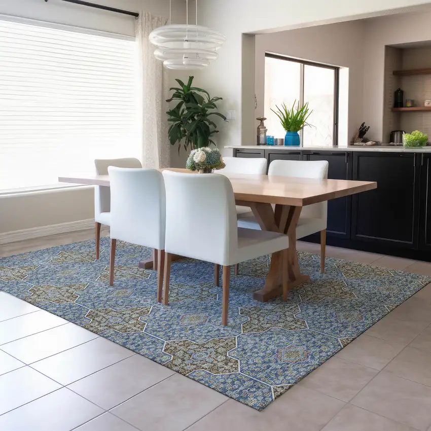 Navy Blue And Chocolate Quatrefoil Washable Indoor Outdoor Area Rug Photo 6