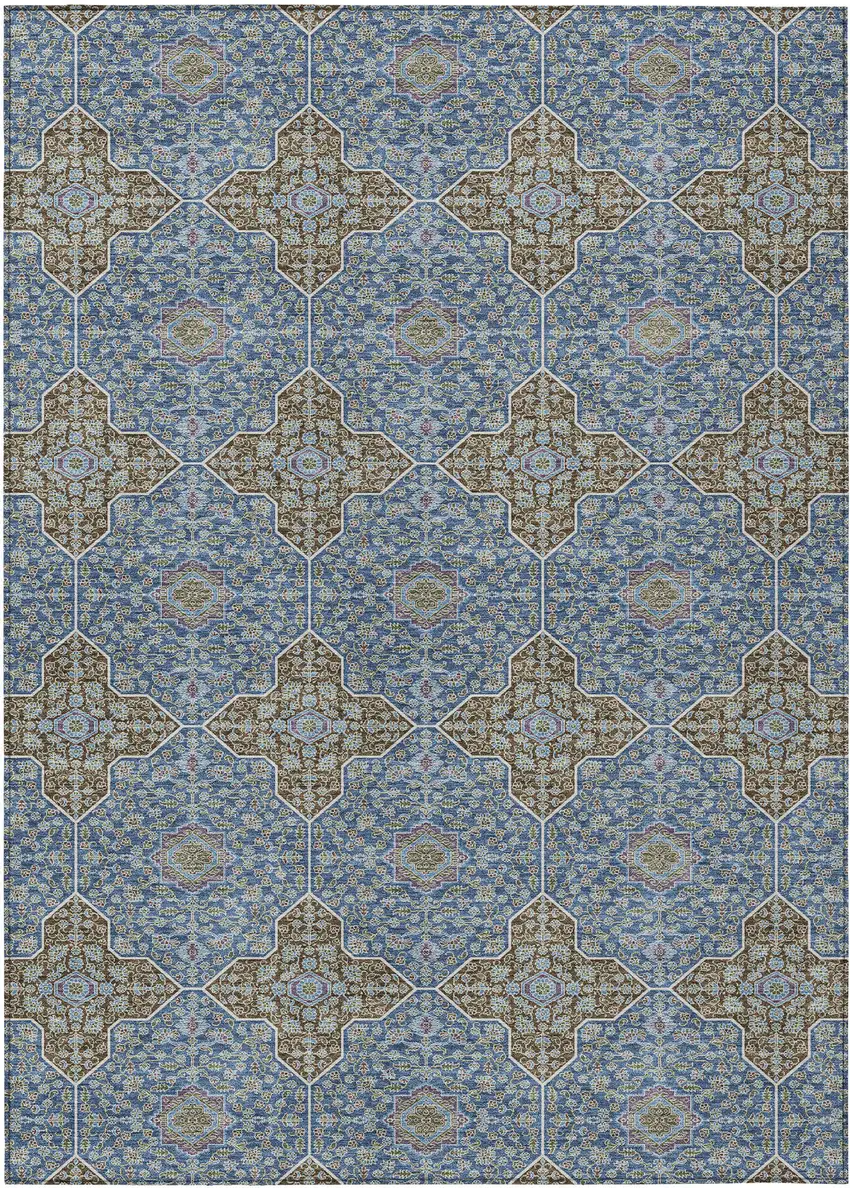 Navy Blue And Chocolate Quatrefoil Washable Indoor Outdoor Area Rug Photo 1