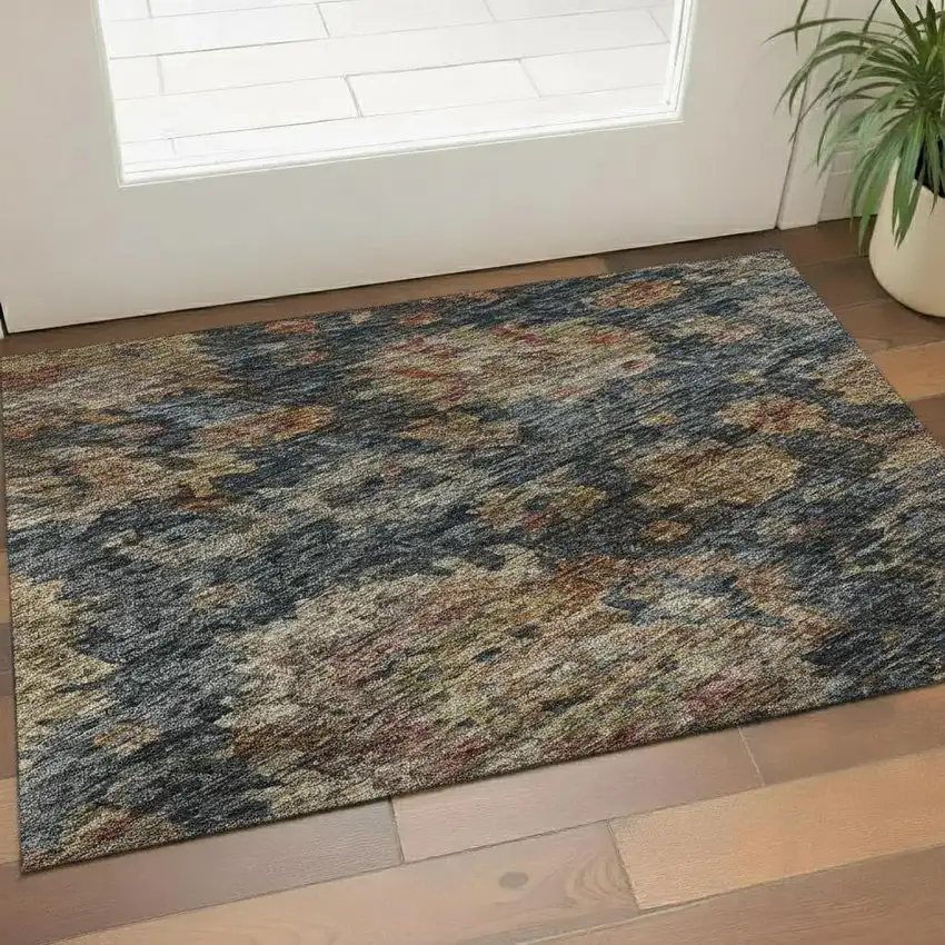 Navy Blue And Copper Damask Washable Area Rug With UV Protection Photo 2