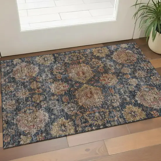 Navy Blue And Copper Damask Washable Area Rug With UV Protection Photo 1