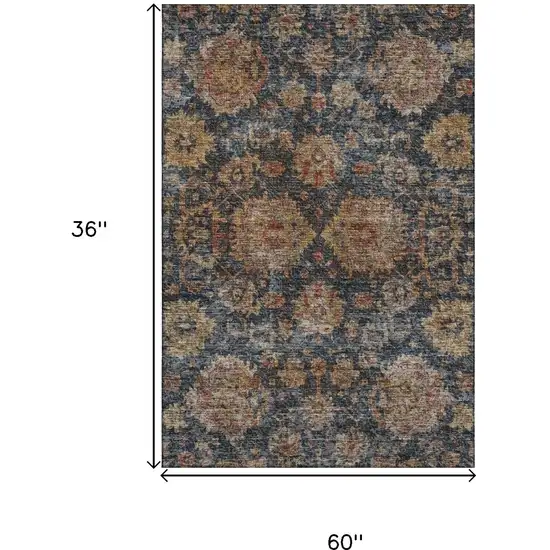 Navy Blue And Copper Damask Washable Area Rug With UV Protection Photo 9