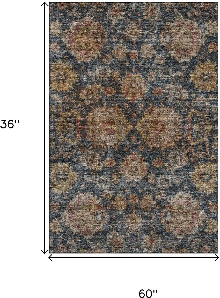 Navy Blue And Copper Damask Washable Area Rug With UV Protection Photo 9