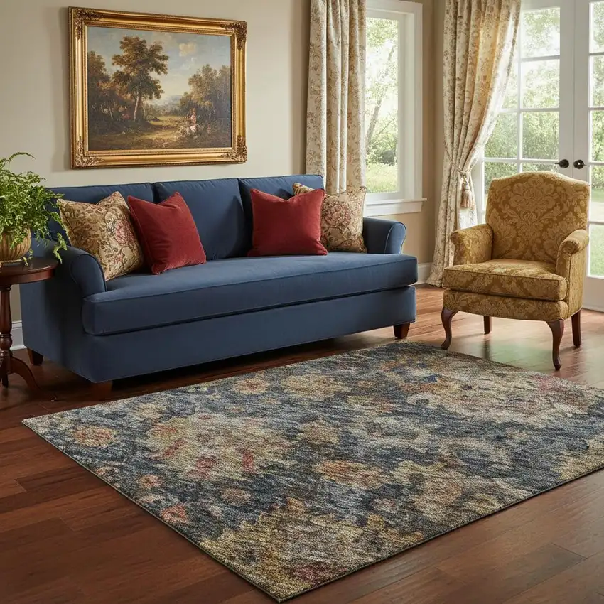 Navy Blue And Copper Damask Washable Area Rug With UV Protection Photo 2