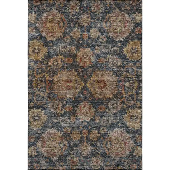 Navy Blue And Copper Damask Washable Area Rug With UV Protection Photo 5