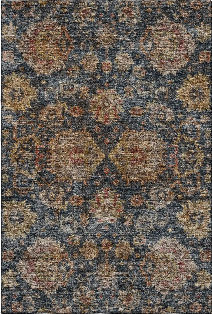 Navy Blue And Copper Damask Washable Area Rug With UV Protection Photo 5