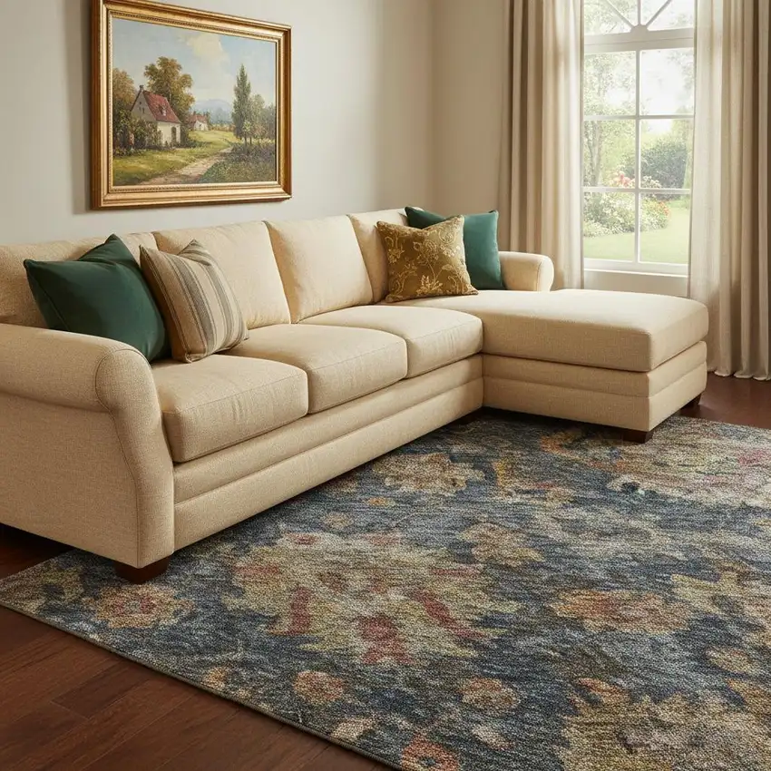 Navy Blue And Copper Damask Washable Area Rug With UV Protection Photo 2