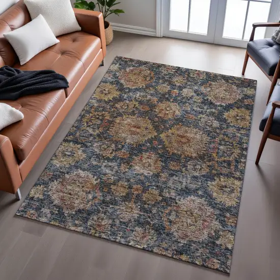 Navy Blue And Copper Damask Washable Area Rug With UV Protection Photo 4