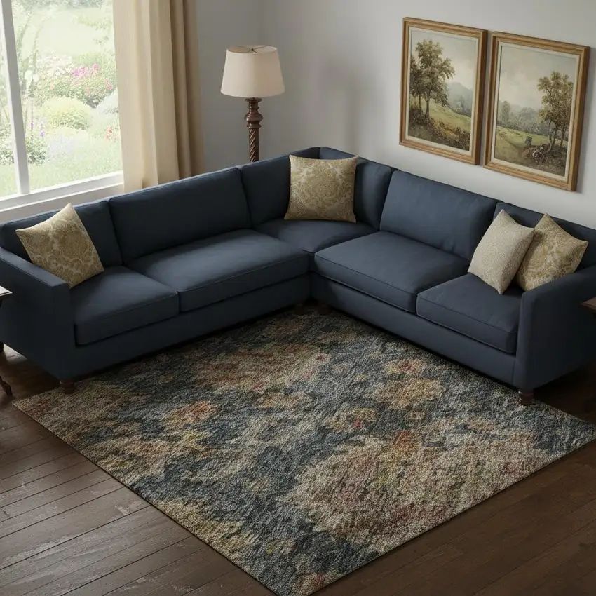 Navy Blue And Copper Damask Washable Area Rug With UV Protection Photo 2