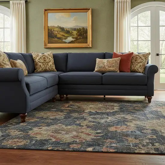 Navy Blue And Copper Damask Washable Area Rug With UV Protection Photo 2