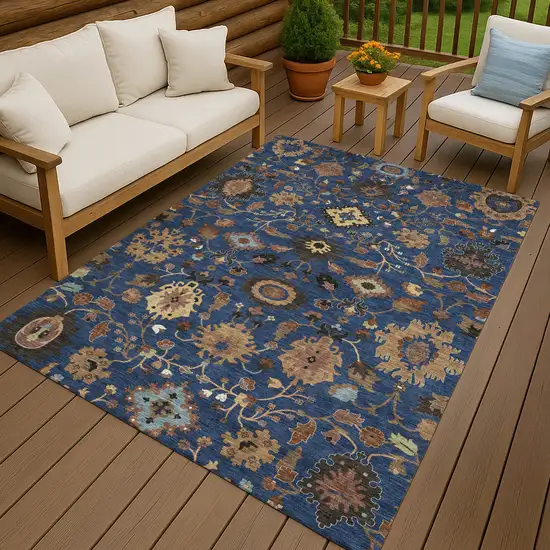 Navy Blue And Copper Floral Medallion Washable Indoor Outdoor Area Rug Photo 4