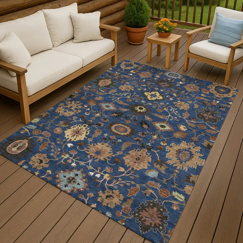Navy Blue And Copper Floral Medallion Washable Indoor Outdoor Area Rug Photo 4
