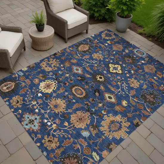 Navy Blue And Copper Floral Medallion Washable Indoor Outdoor Area Rug Photo 7