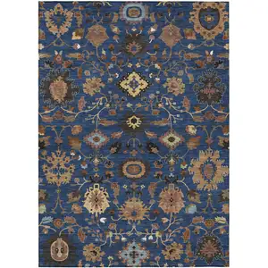 Photo of Navy Blue And Copper Floral Medallion Washable Indoor Outdoor Area Rug