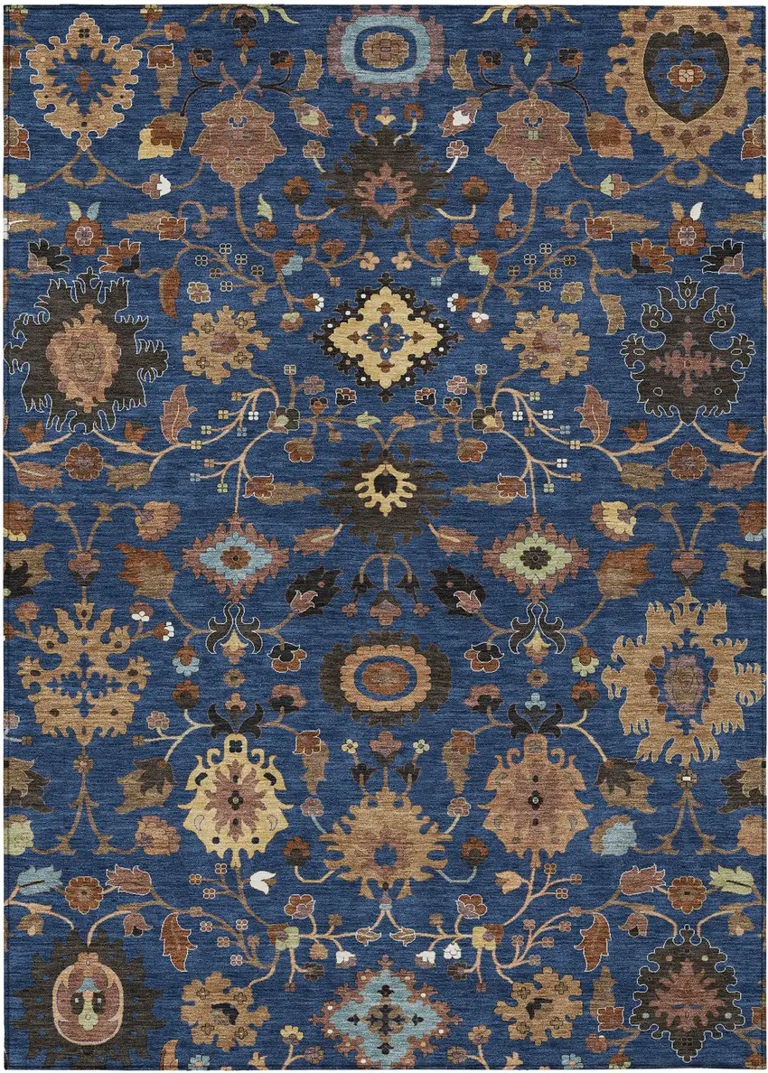 Navy Blue And Copper Floral Medallion Washable Indoor Outdoor Area Rug Photo 1