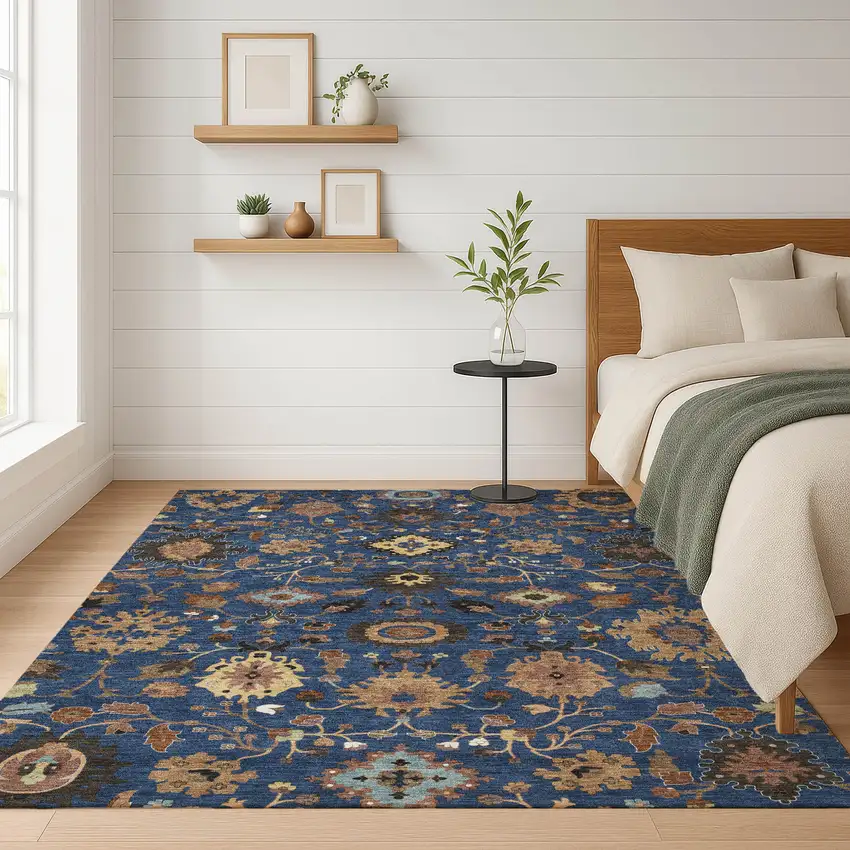 Navy Blue And Copper Floral Medallion Washable Indoor Outdoor Area Rug Photo 6