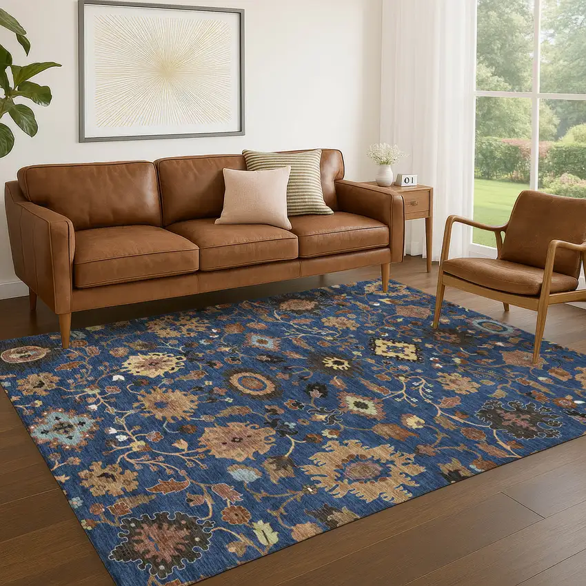 Navy Blue And Copper Floral Medallion Washable Indoor Outdoor Area Rug Photo 5