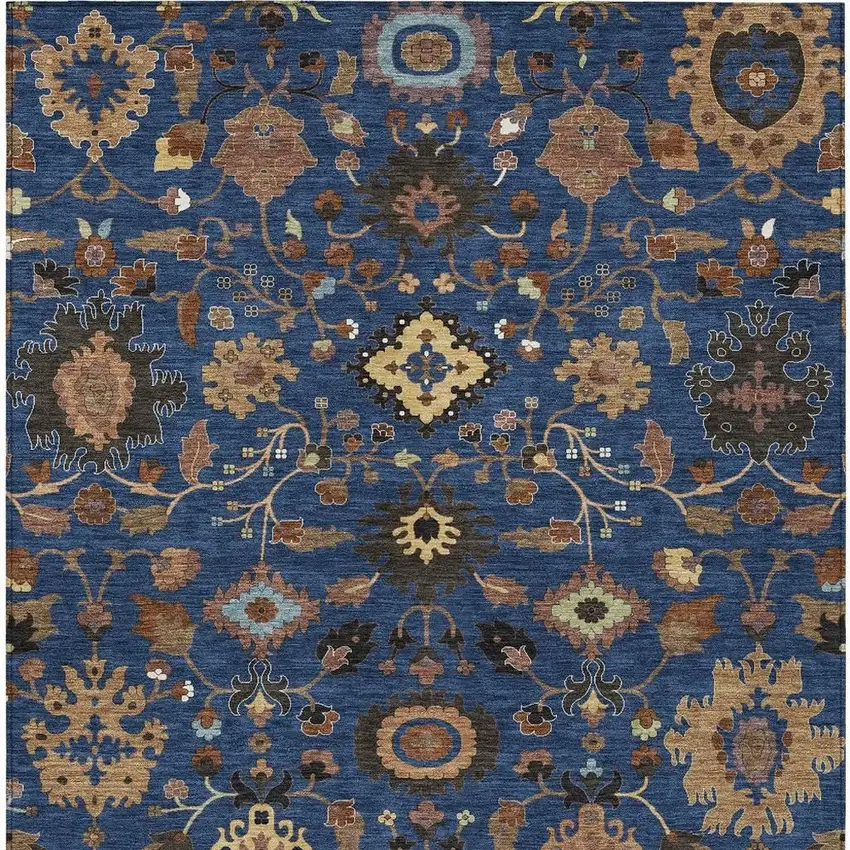 Navy Blue And Copper Floral Medallion Washable Indoor Outdoor Area Rug Photo 3