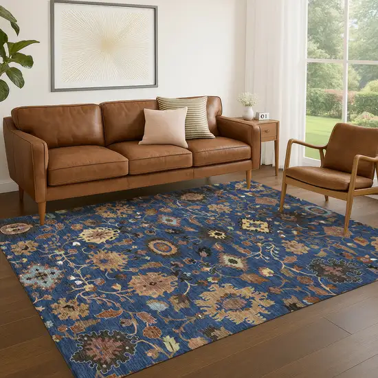 Navy Blue And Copper Floral Medallion Washable Indoor Outdoor Area Rug Photo 5