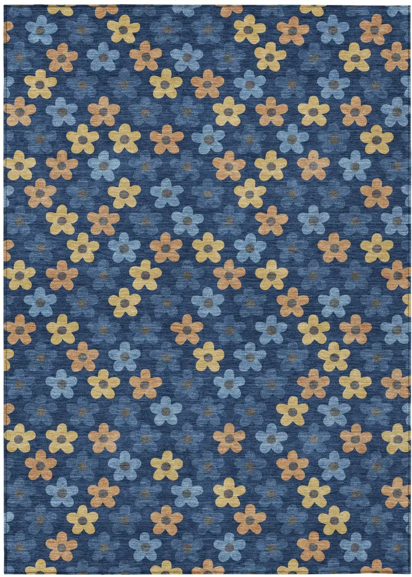 Navy Blue And Copper Floral Washable Indoor Outdoor Area Rug Photo 2