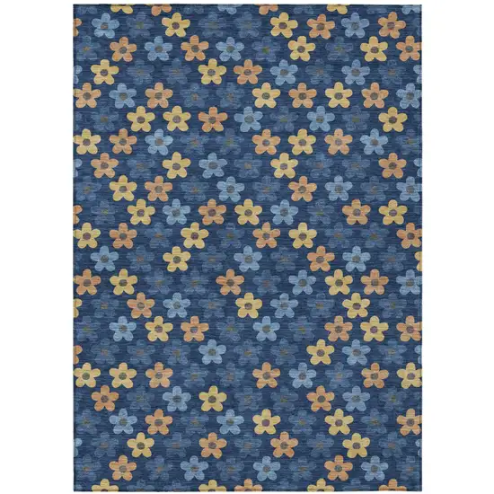 Navy Blue And Copper Floral Washable Indoor Outdoor Area Rug Photo 2