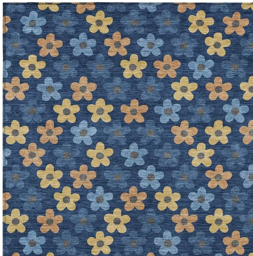 Navy Blue And Copper Floral Washable Indoor Outdoor Area Rug Photo 3