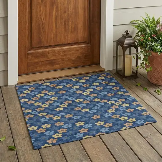 Navy Blue And Copper Floral Washable Indoor Outdoor Area Rug Photo 1