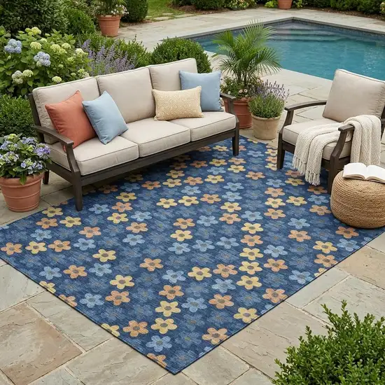 Navy Blue And Copper Floral Washable Indoor Outdoor Area Rug Photo 1