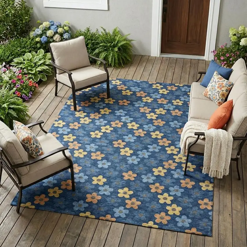 Navy Blue And Copper Floral Washable Indoor Outdoor Area Rug Photo 1