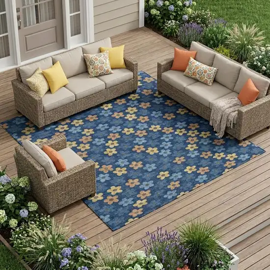 Navy Blue And Copper Floral Washable Indoor Outdoor Area Rug Photo 1