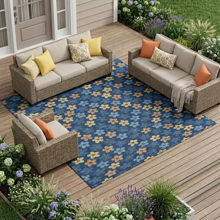 Navy Blue And Copper Floral Washable Indoor Outdoor Area Rug Photo 1