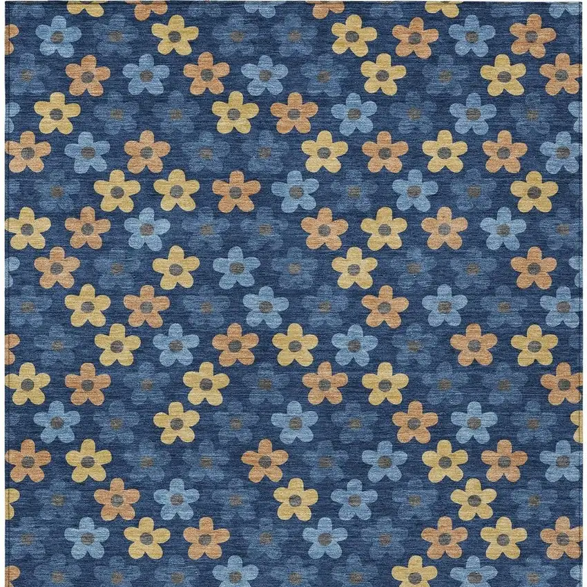 Navy Blue And Copper Floral Washable Indoor Outdoor Area Rug Photo 4