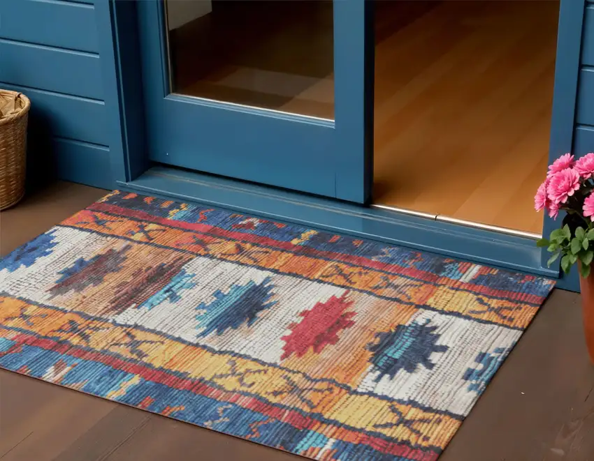 Navy Blue And Copper Tribal Washable Indoor Outdoor Area Rug Photo 2